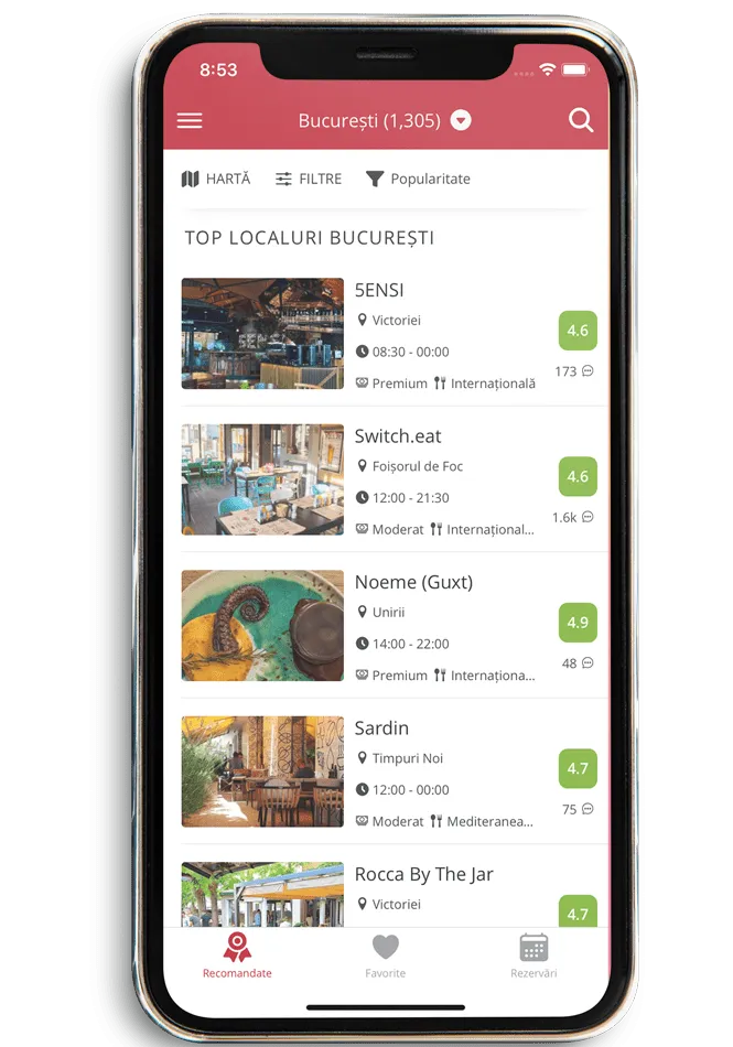 captură de ecran cu restaurantele din aplicatie